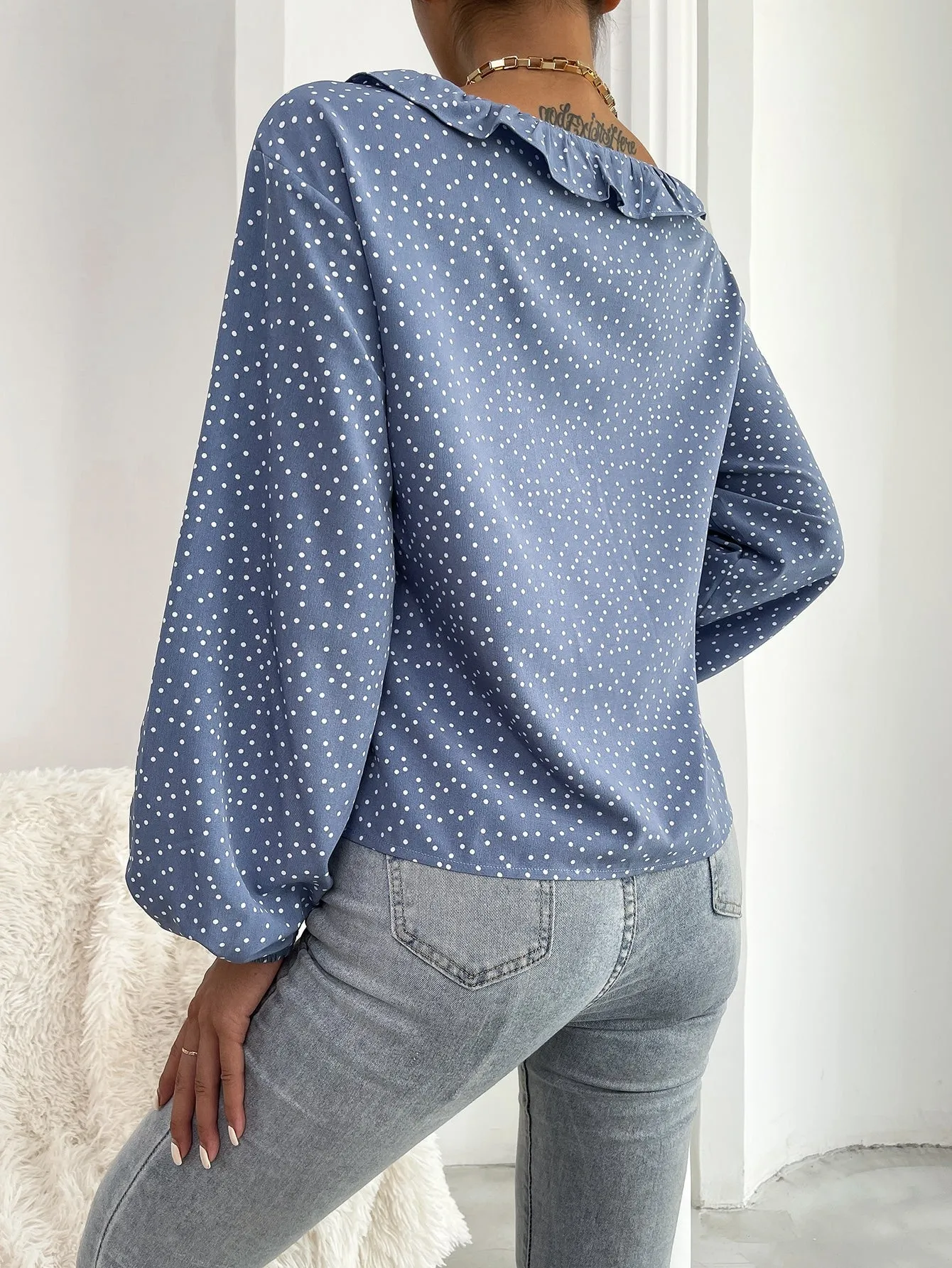 Casual Polka Dot Ruffle Long Sleeve V Neck Regular Blouse