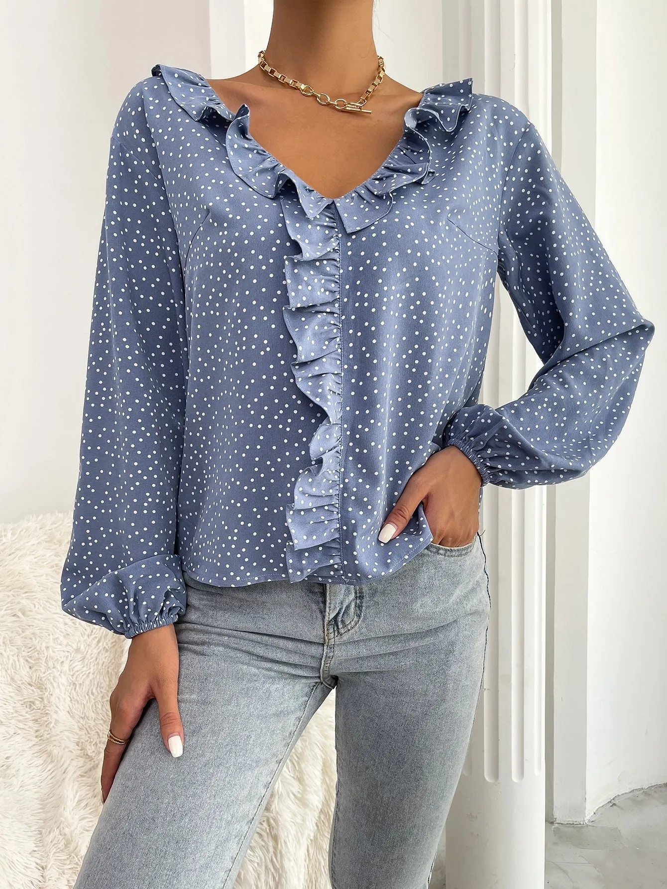 Casual Polka Dot Ruffle Long Sleeve V Neck Regular Blouse