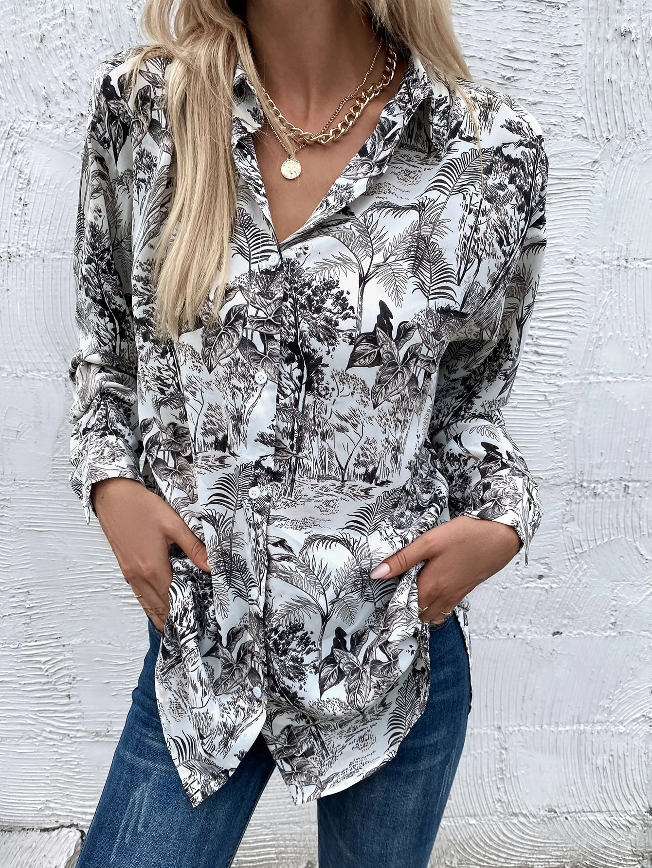 Casual Tropical Button Front Long Sleeve Collar Long Blouse