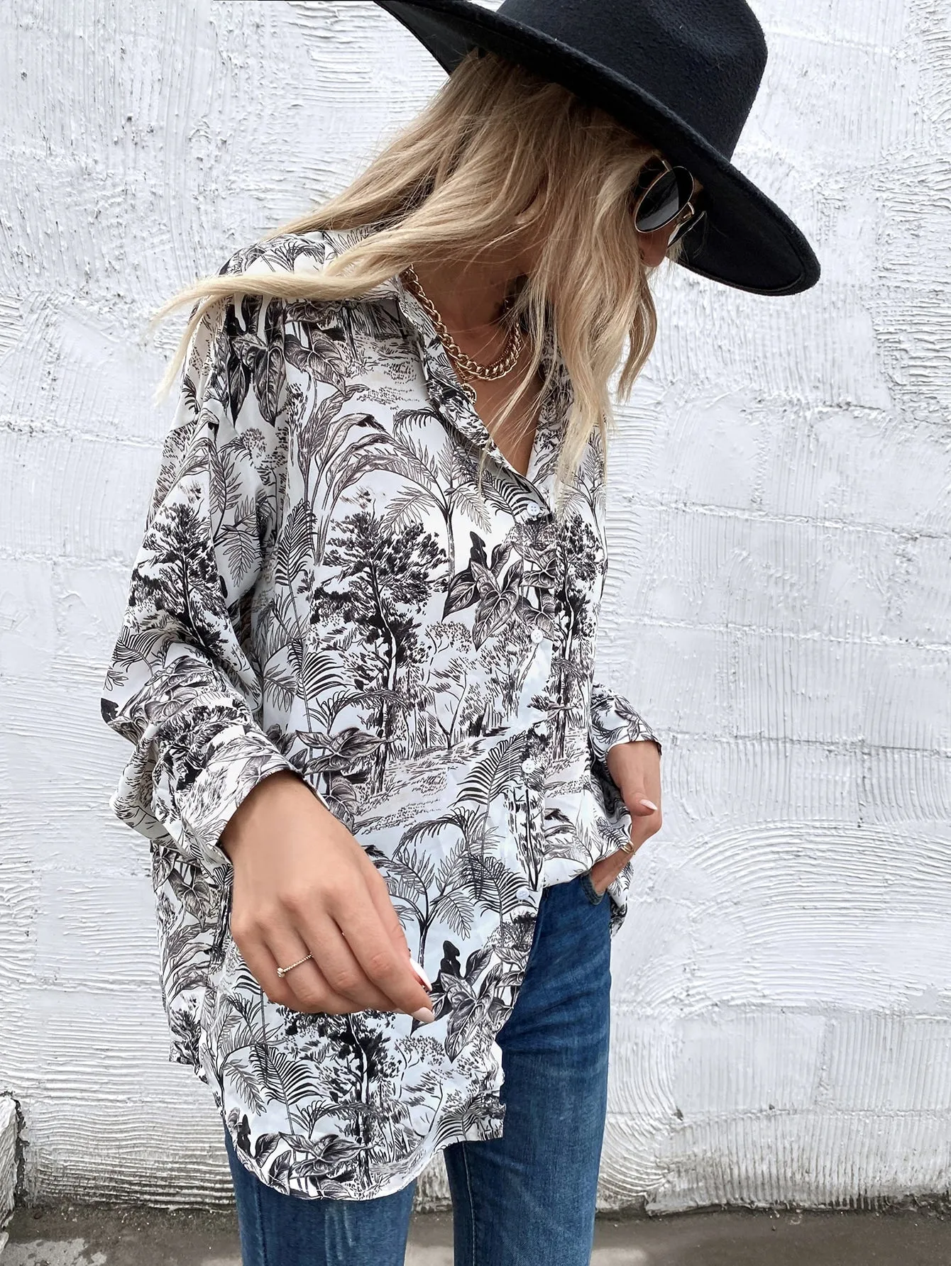 Casual Tropical Button Front Long Sleeve Collar Long Blouse