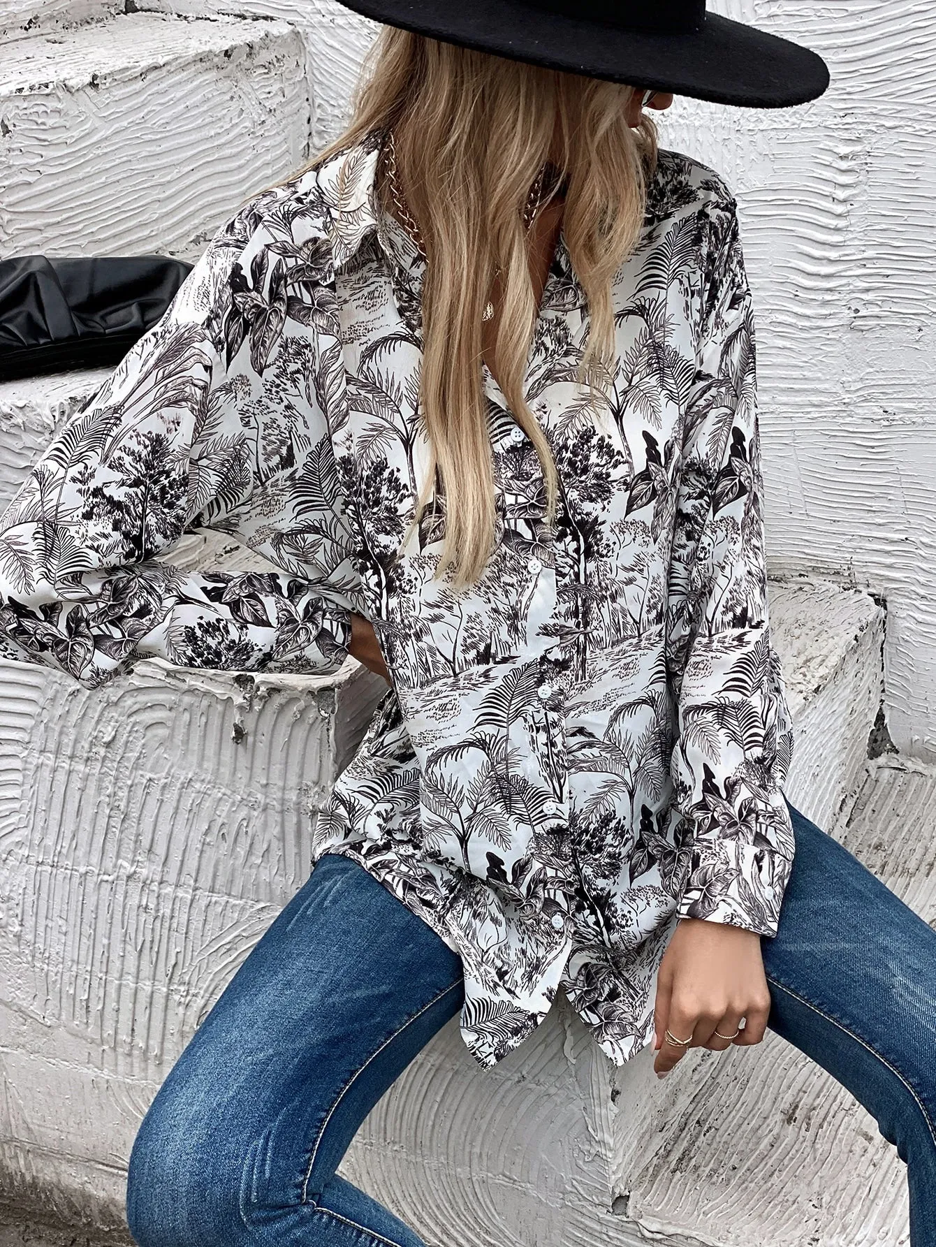 Casual Tropical Button Front Long Sleeve Collar Long Blouse