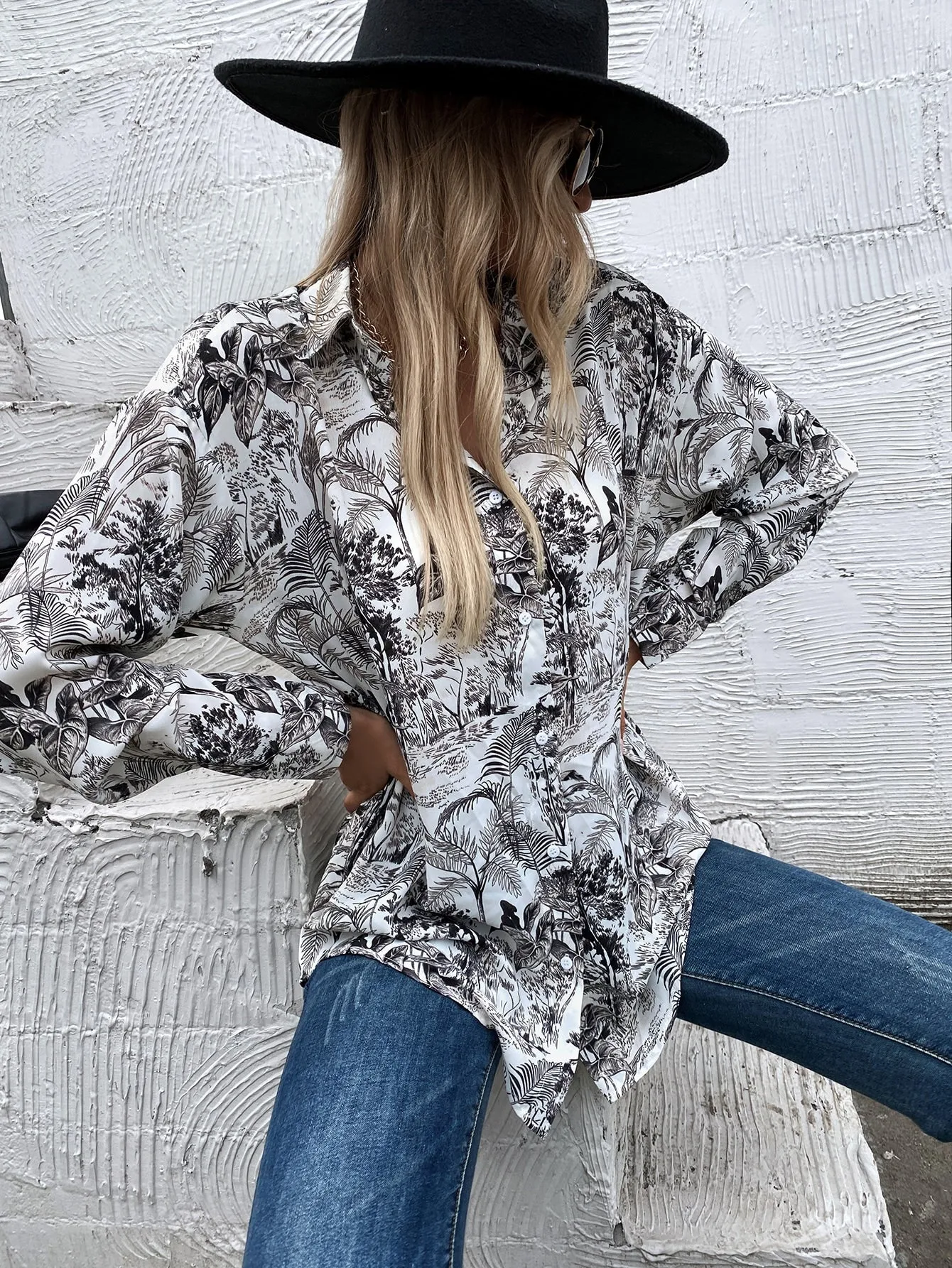 Casual Tropical Button Front Long Sleeve Collar Long Blouse