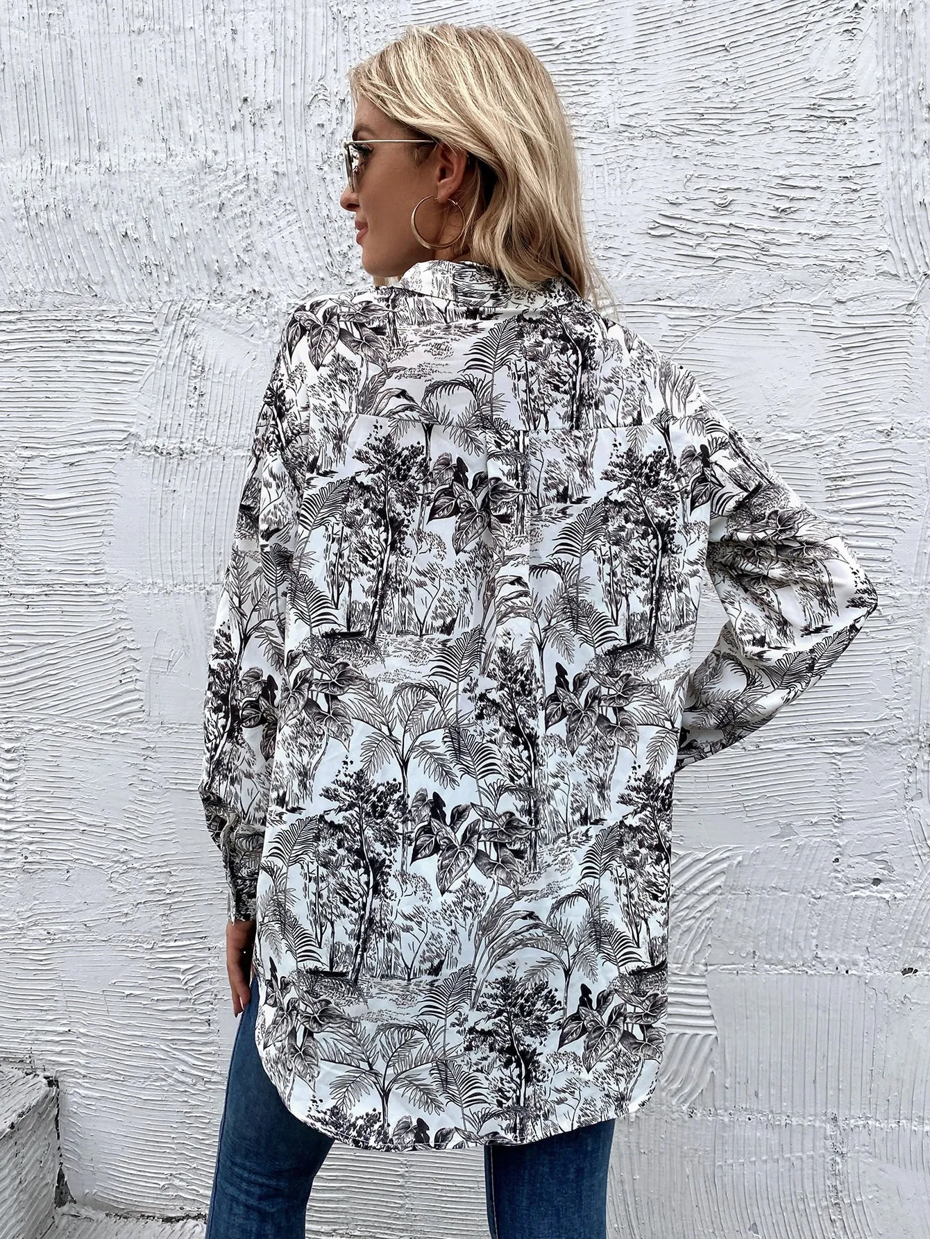 Casual Tropical Button Front Long Sleeve Collar Long Blouse