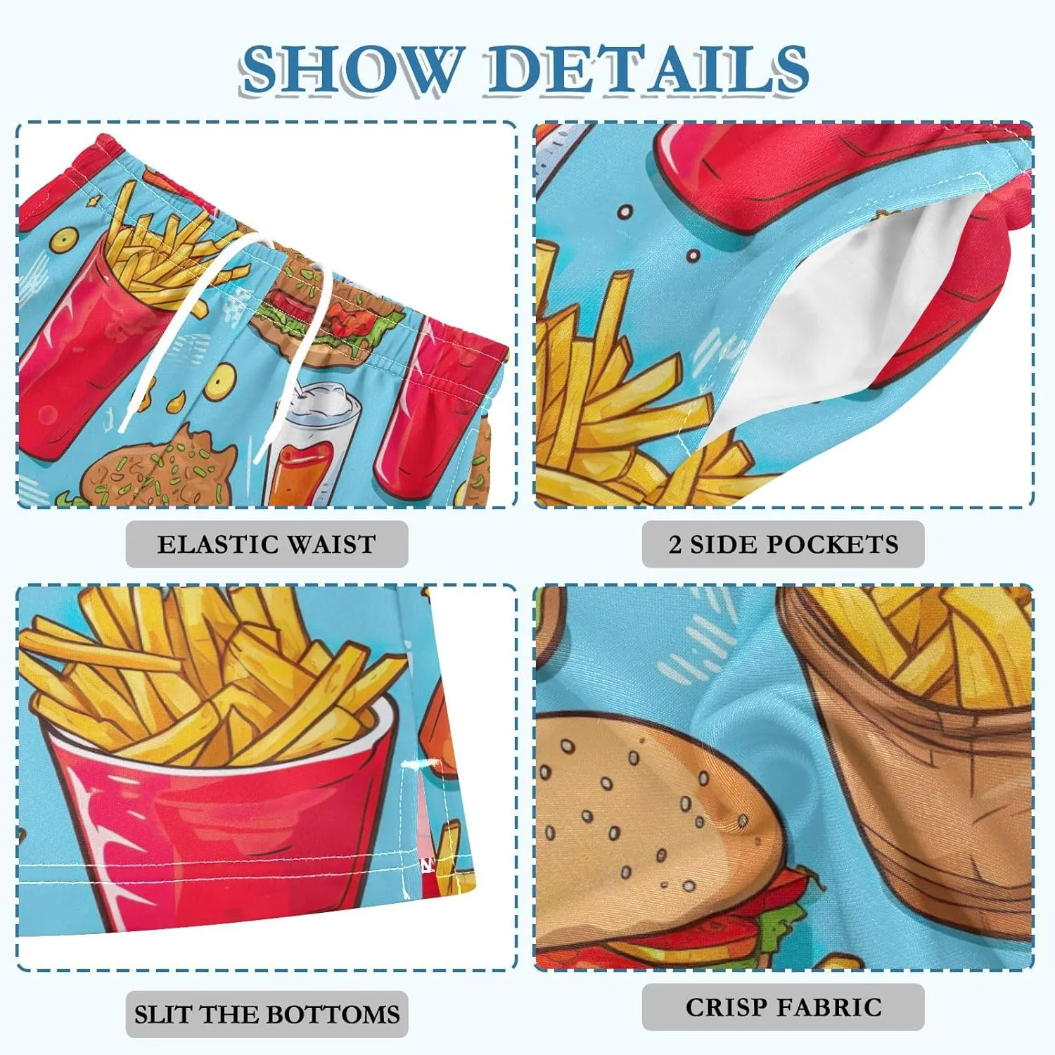 CHIFIGNO Colorful Hamburgers Sandwiches Casual Shorts with Pockets for Boys Soft Cool Shorts Homewear 7-15Y