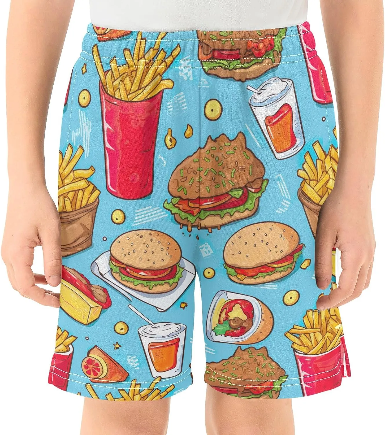CHIFIGNO Colorful Hamburgers Sandwiches Casual Shorts with Pockets for Boys Soft Cool Shorts Homewear 7-15Y