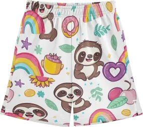 Cute Cartoon Sloths Colorful Rainbow White Boys Summer Casual Shorts Workout Shorts Elastic Waist with Pockets Sports 7-15Y