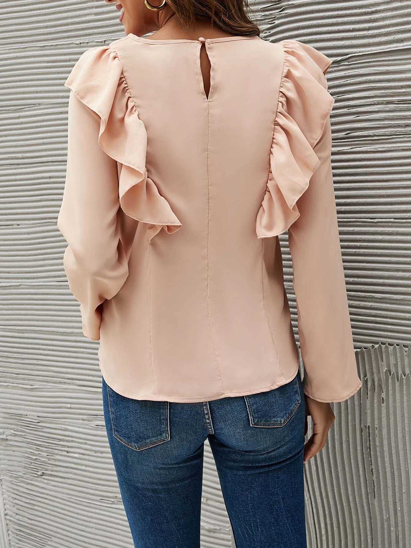 Cute Plain Button Long Sleeve Round Neck Regular Blouse