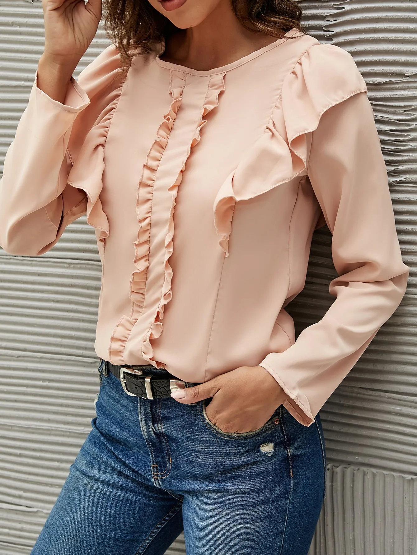 Cute Plain Button Long Sleeve Round Neck Regular Blouse