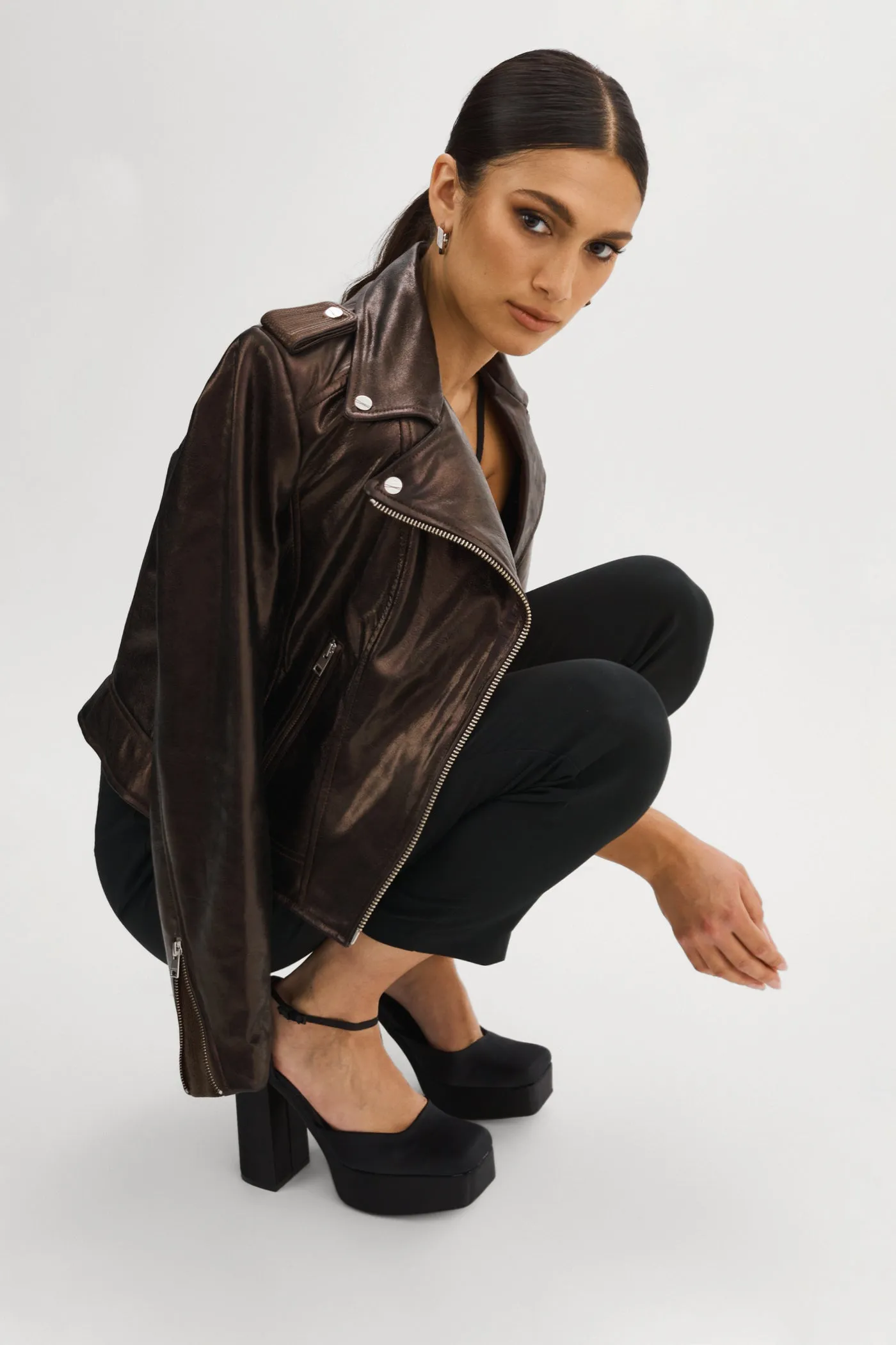 DONNA | Metallic Leather Biker Jacket