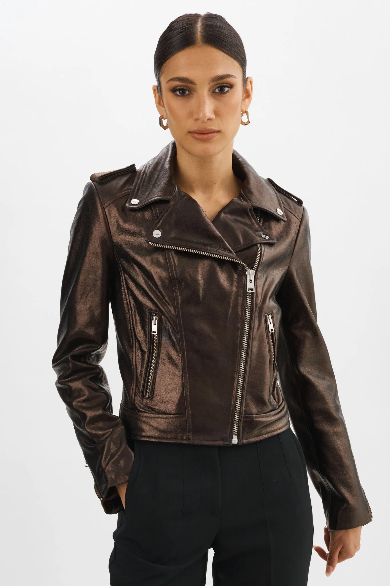 DONNA | Metallic Leather Biker Jacket