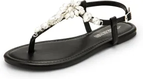 DREAM PAIRS Flat Sandals for Women Dressy Rhinestone T-Strap Thong Flat Sandals for Summers Dress Beach