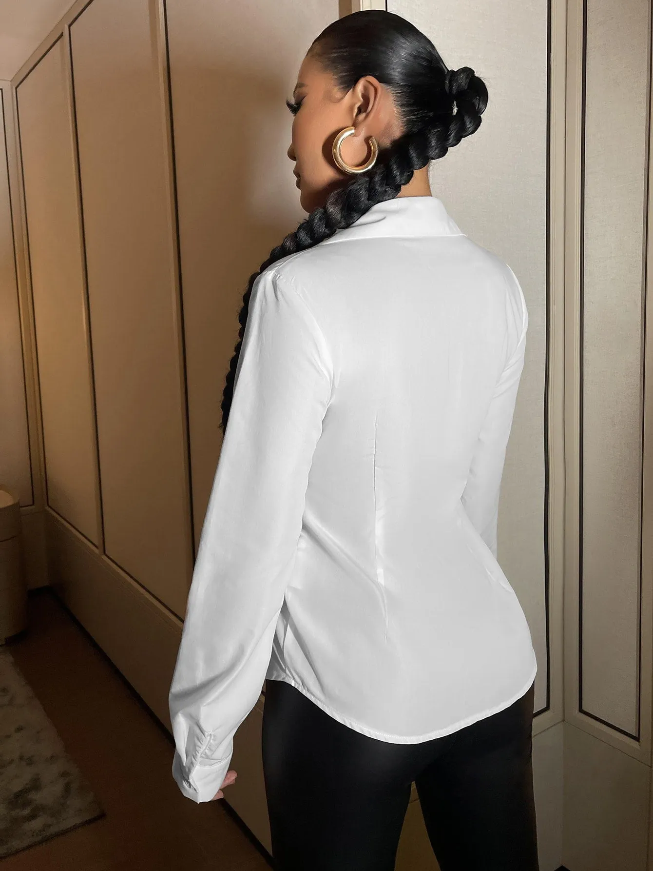 Elegant Colorblock Button Front Long Sleeve Collar Regular Blouse