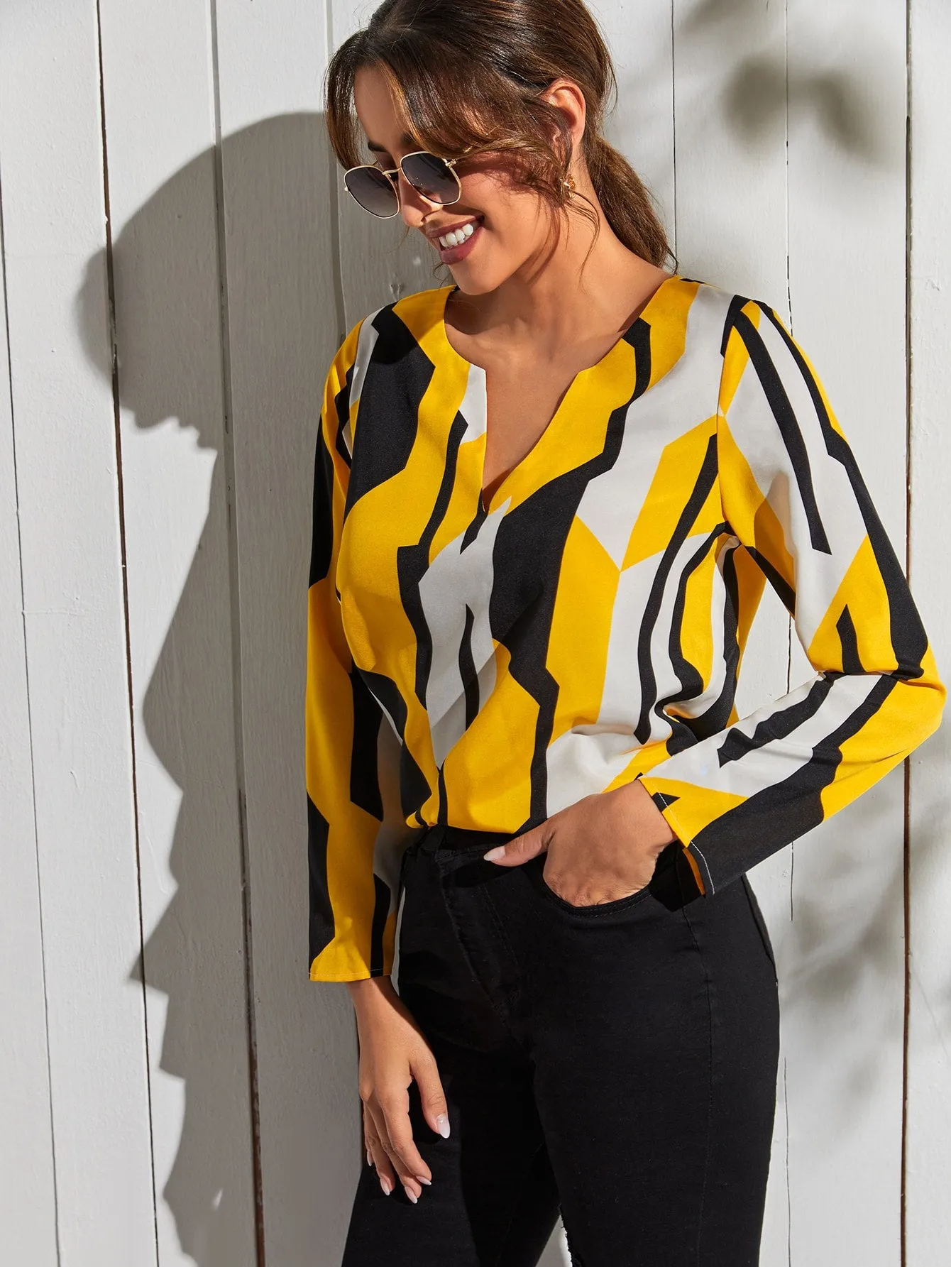 Elegant Geometric Long Sleeve Notched Regular Blouse