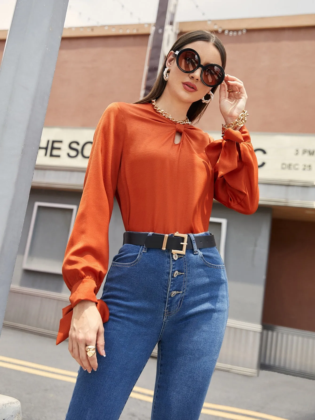 Elegant Plain Ruched Long Sleeve Keyhole Neckline Regular Blouse