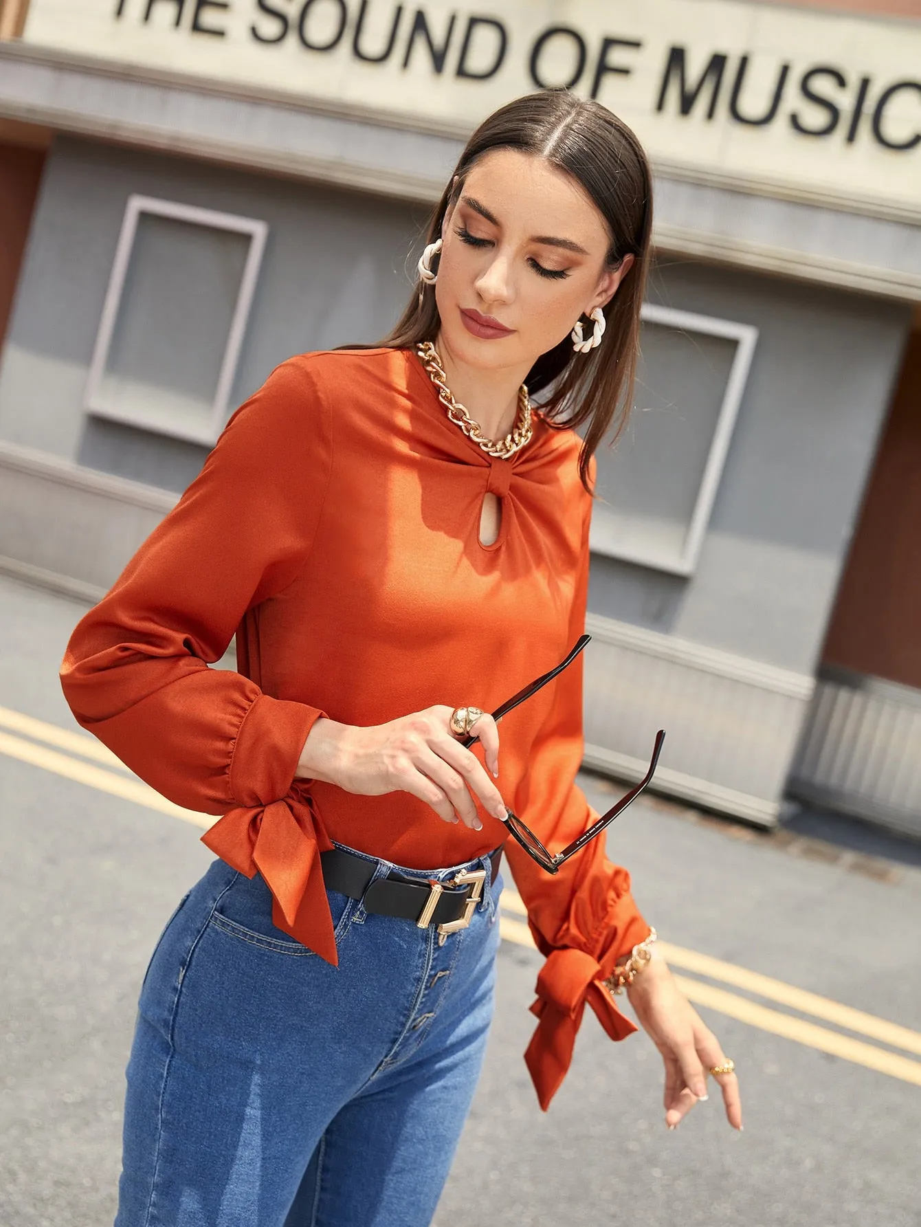 Elegant Plain Ruched Long Sleeve Keyhole Neckline Regular Blouse