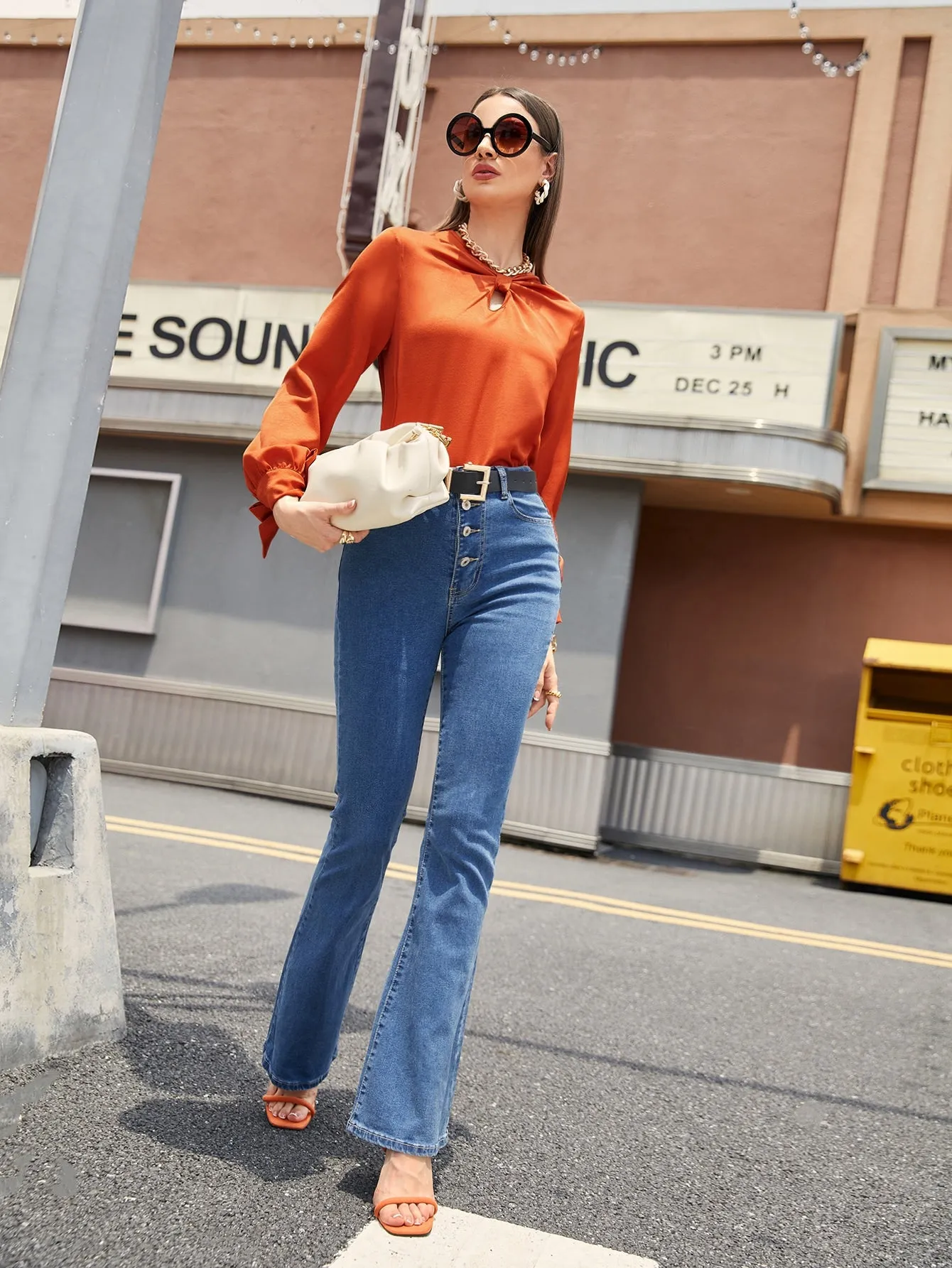 Elegant Plain Ruched Long Sleeve Keyhole Neckline Regular Blouse