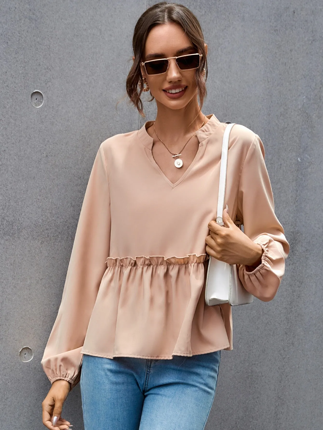 Elegant Plain Ruffle Long Sleeve Stand Collar Regular Blouse