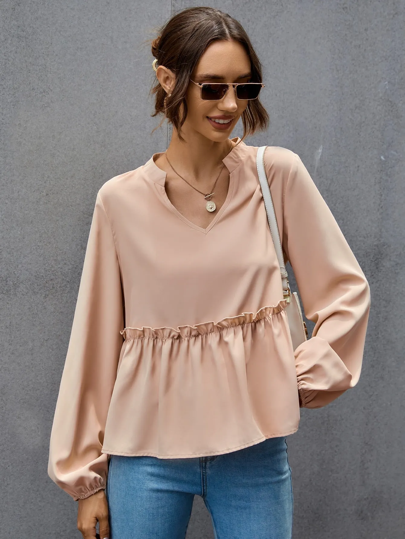 Elegant Plain Ruffle Long Sleeve Stand Collar Regular Blouse