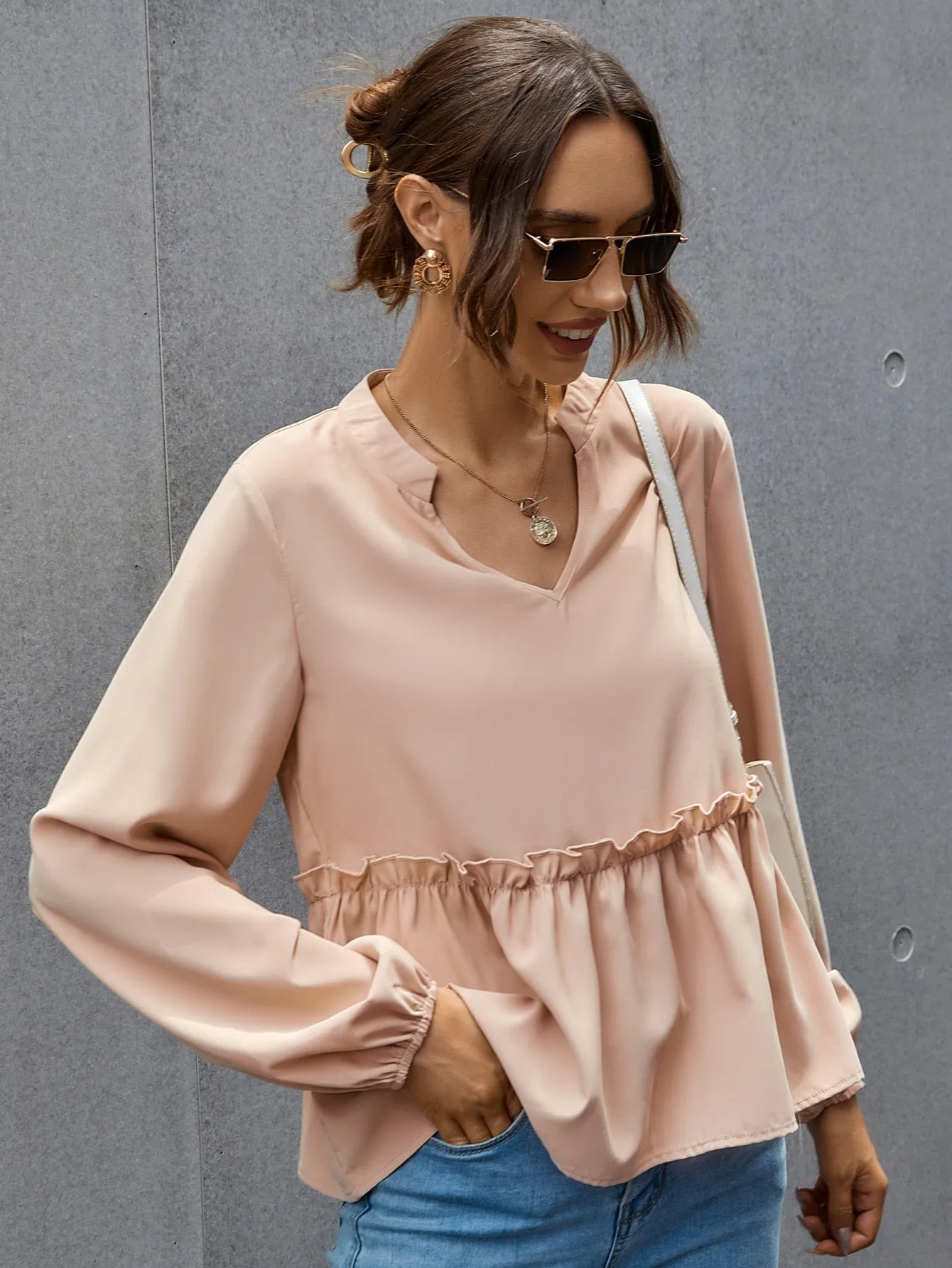 Elegant Plain Ruffle Long Sleeve Stand Collar Regular Blouse