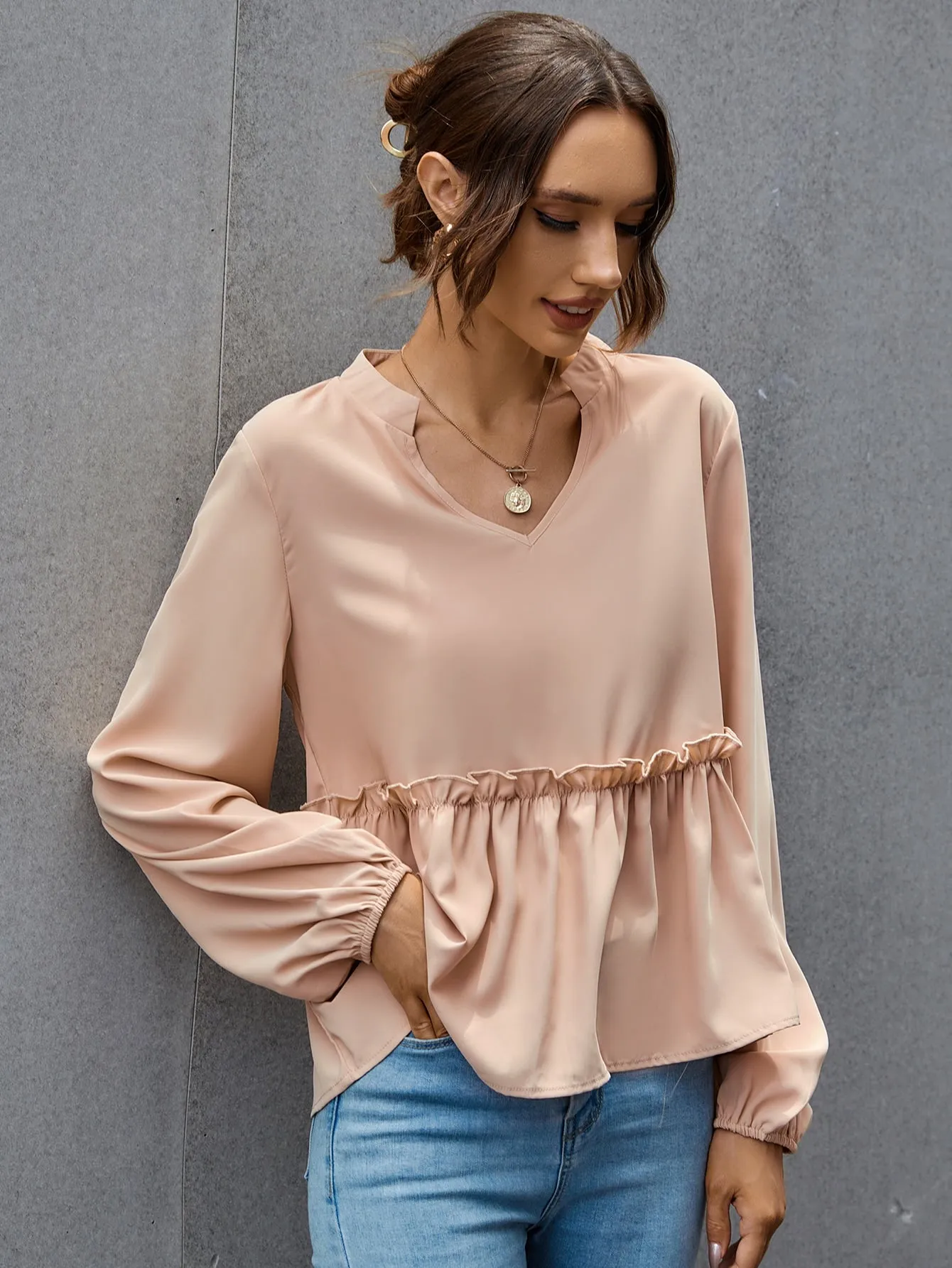 Elegant Plain Ruffle Long Sleeve Stand Collar Regular Blouse
