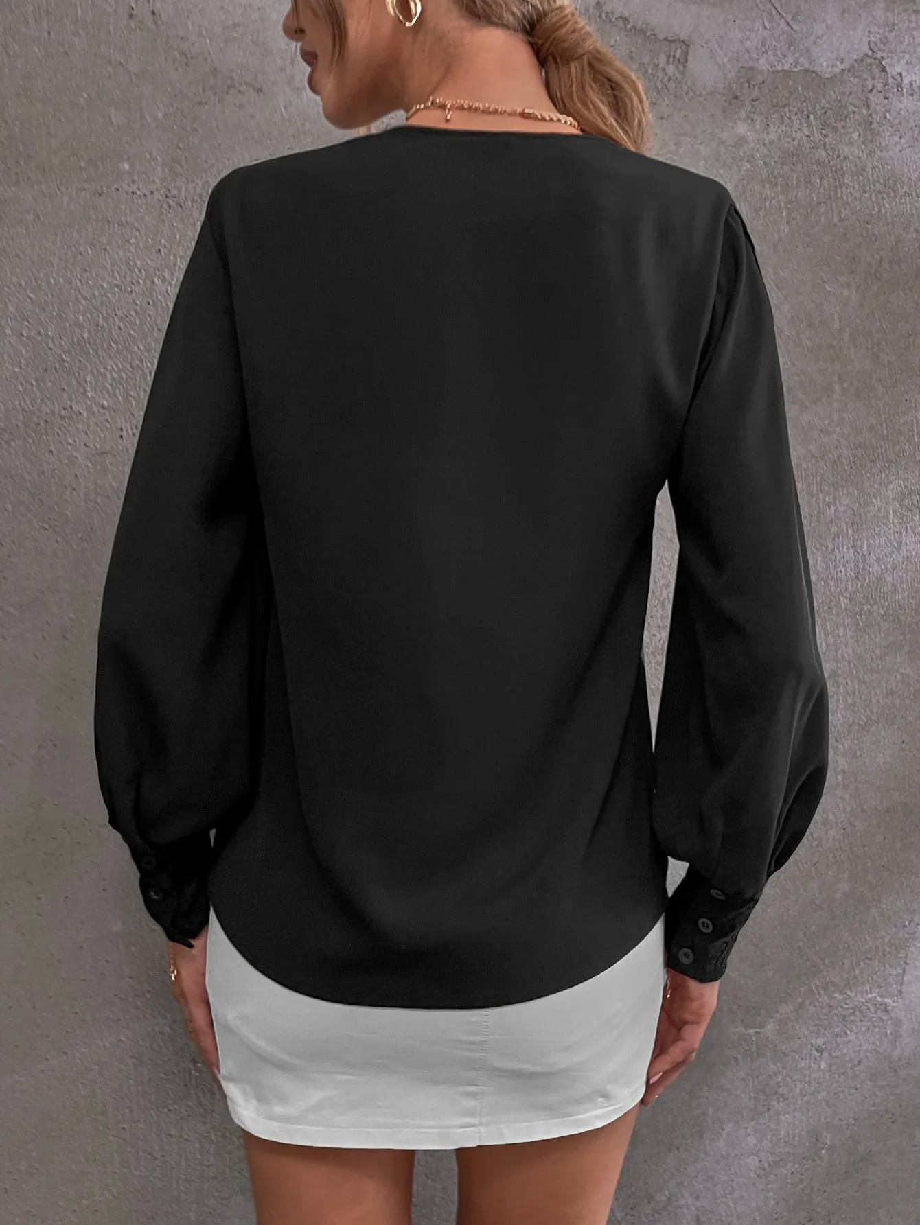 Elegant Plain Split Long Sleeve V Neck Regular Blouse