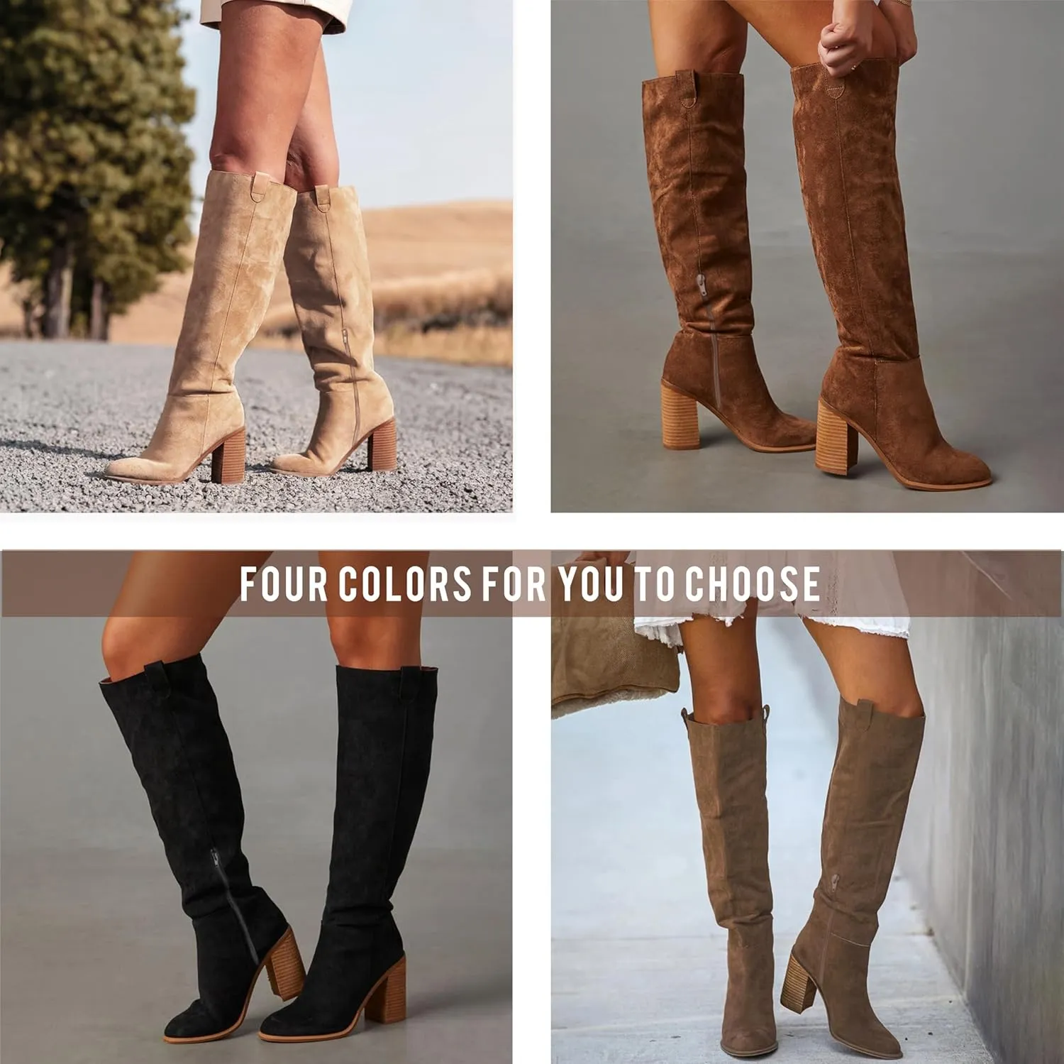 Erocalli Suede Knee-High Boots Fall Boot For Women Chunky Block High Heel Slouch Fashion Boot Round Toe Side Zipper…