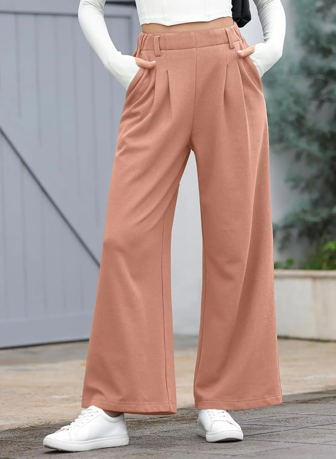 EVALESS Wide Leg Pants for Women Elastic High Waisted Waffle Knit Fleece Palazzo Pants Trousers with Pockets