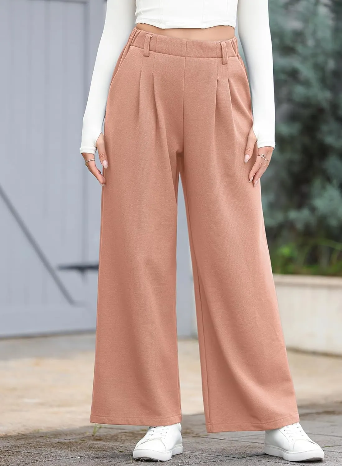 EVALESS Wide Leg Pants for Women Elastic High Waisted Waffle Knit Fleece Palazzo Pants Trousers with Pockets