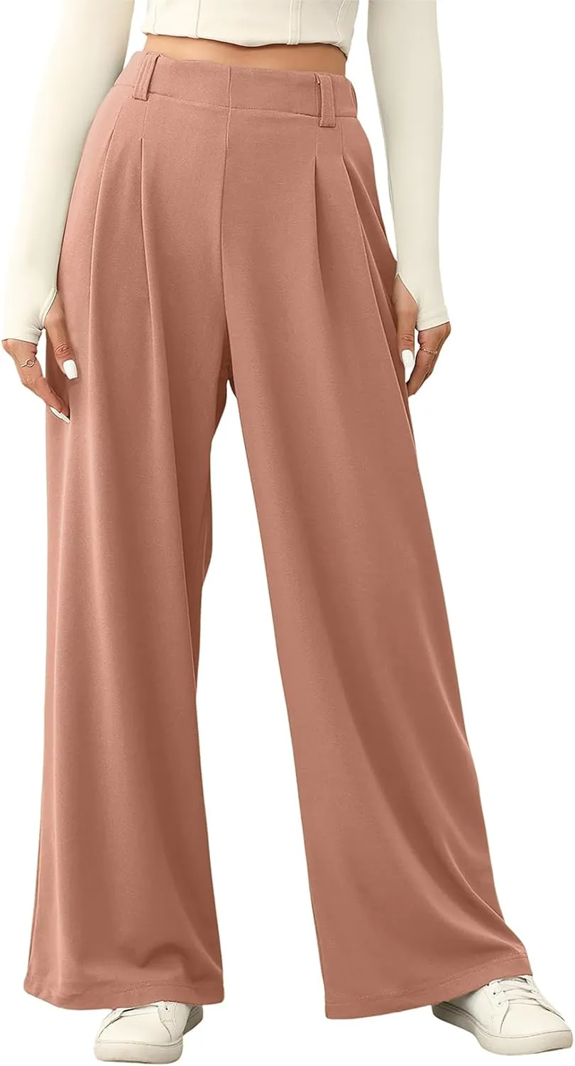 EVALESS Wide Leg Pants for Women Elastic High Waisted Waffle Knit Fleece Palazzo Pants Trousers with Pockets