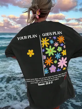 Ezwear Women'S Summer Loose Fit Casual T-Shirt with Slogan, Flower Print, round Neck and Dolman Sleeves