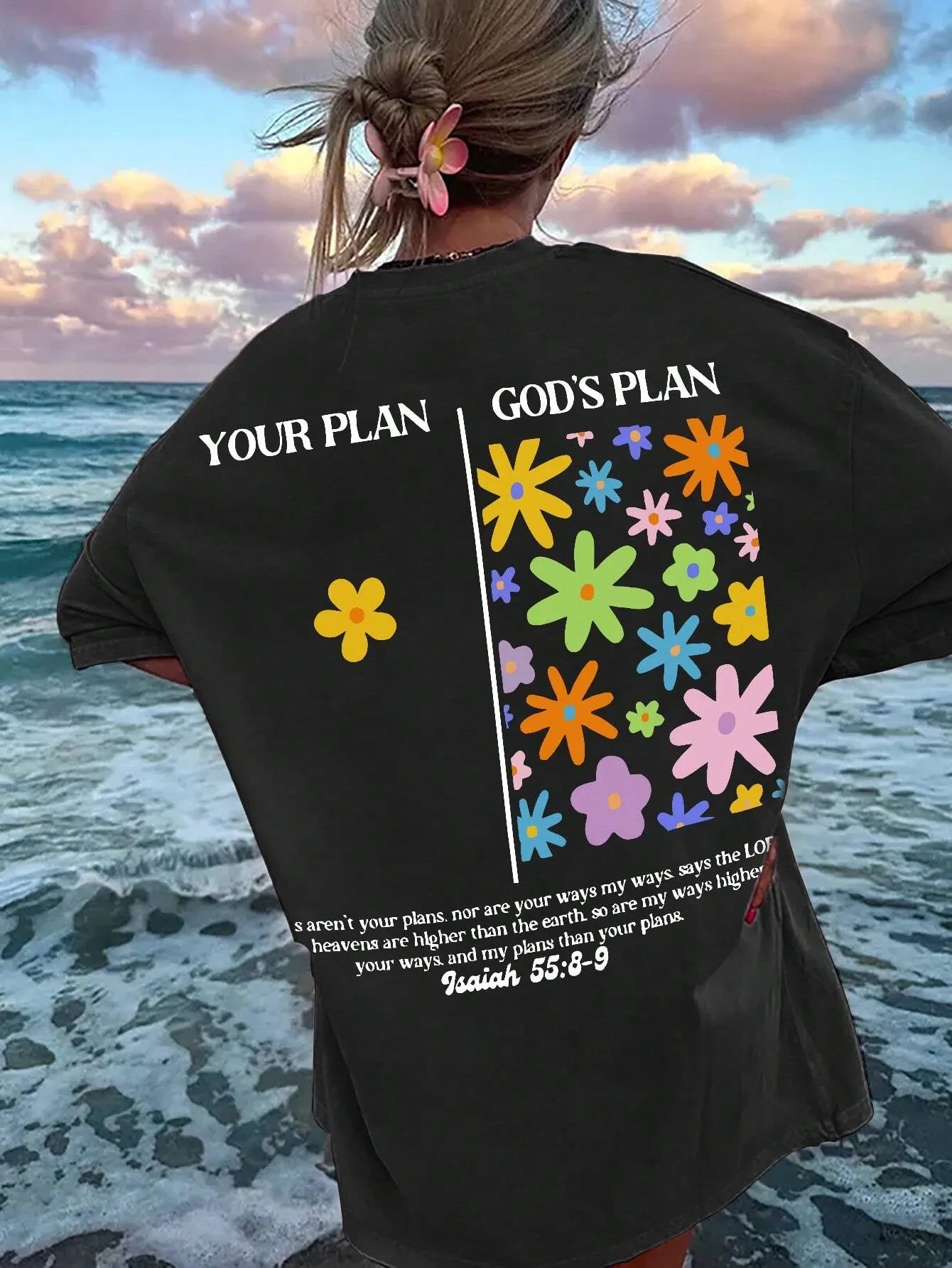 Ezwear Women'S Summer Loose Fit Casual T-Shirt with Slogan, Flower Print, round Neck and Dolman Sleeves