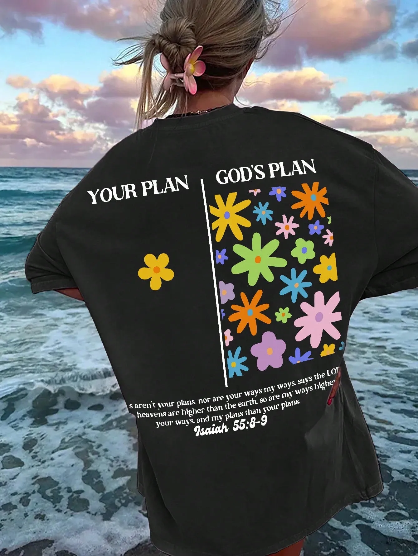 Ezwear Women'S Summer Loose Fit Casual T-Shirt with Slogan, Flower Print, round Neck and Dolman Sleeves