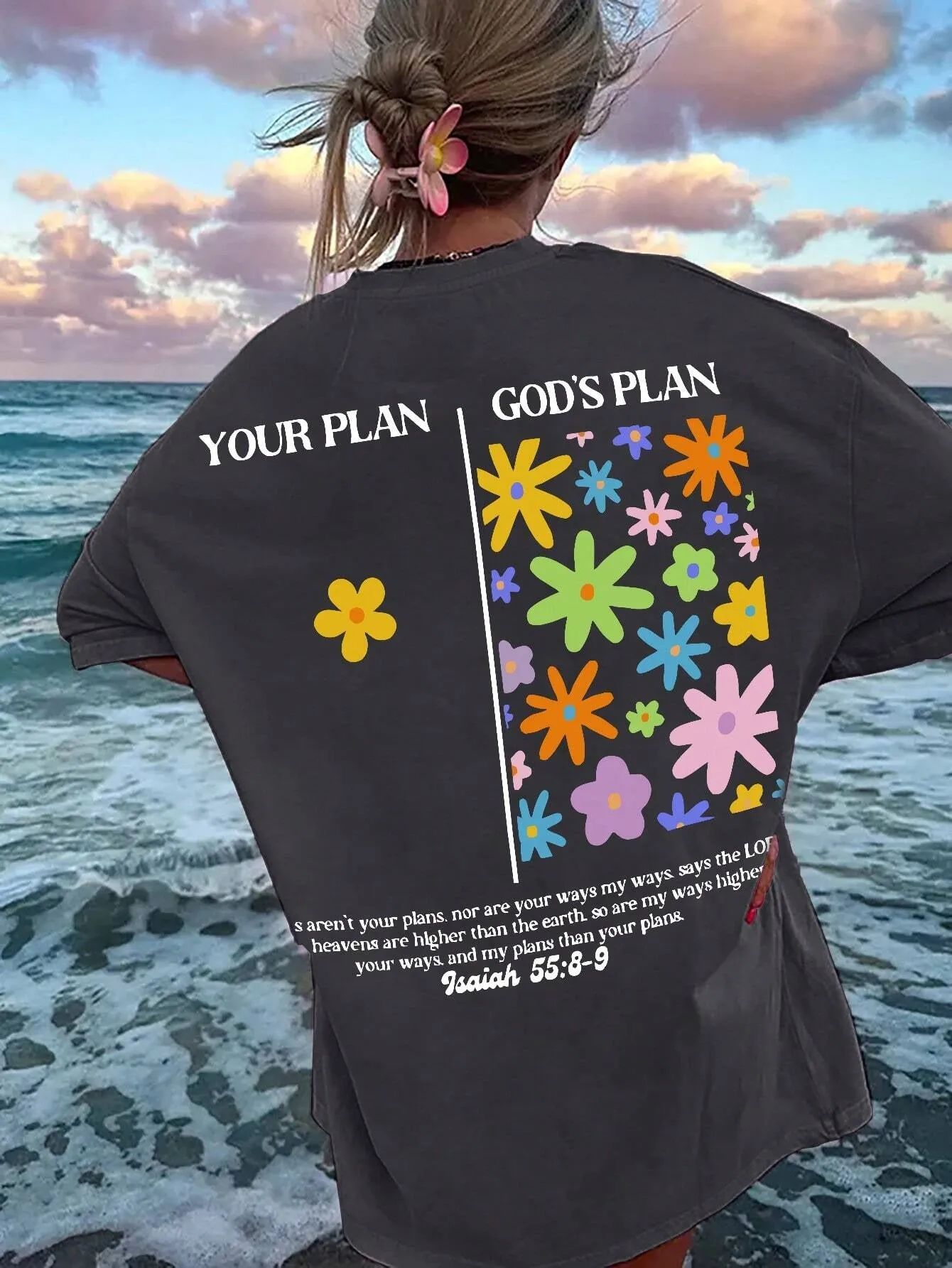 Ezwear Women'S Summer Loose Fit Casual T-Shirt with Slogan, Flower Print, round Neck and Dolman Sleeves