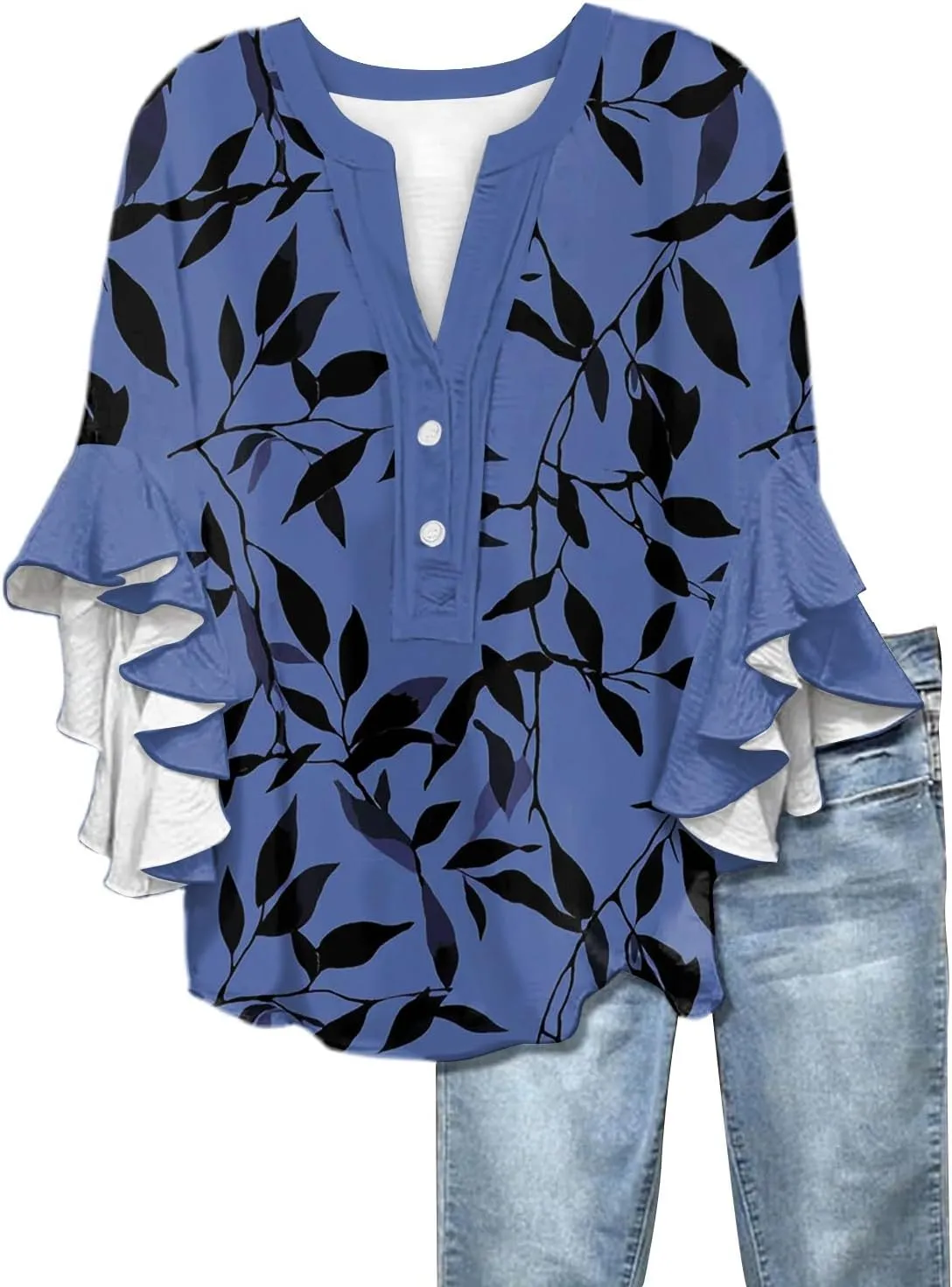 Floral Tops for Women Trendy Summer Plus Size Dressy 3/4 Ruffle Sleeve Top Cute V Neck Linen Button Down Shirts