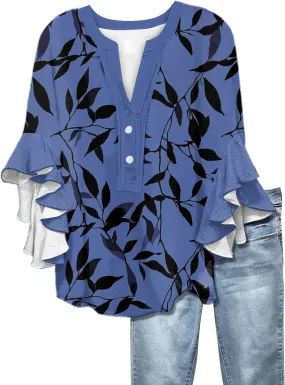 Floral Tops for Women Trendy Summer Plus Size Dressy 3/4 Ruffle Sleeve Top Cute V Neck Linen Button Down Shirts