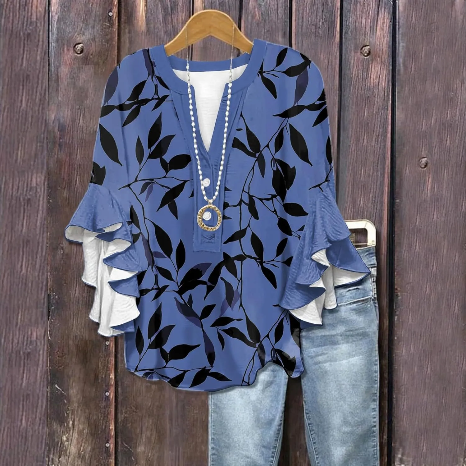 Floral Tops for Women Trendy Summer Plus Size Dressy 3/4 Ruffle Sleeve Top Cute V Neck Linen Button Down Shirts