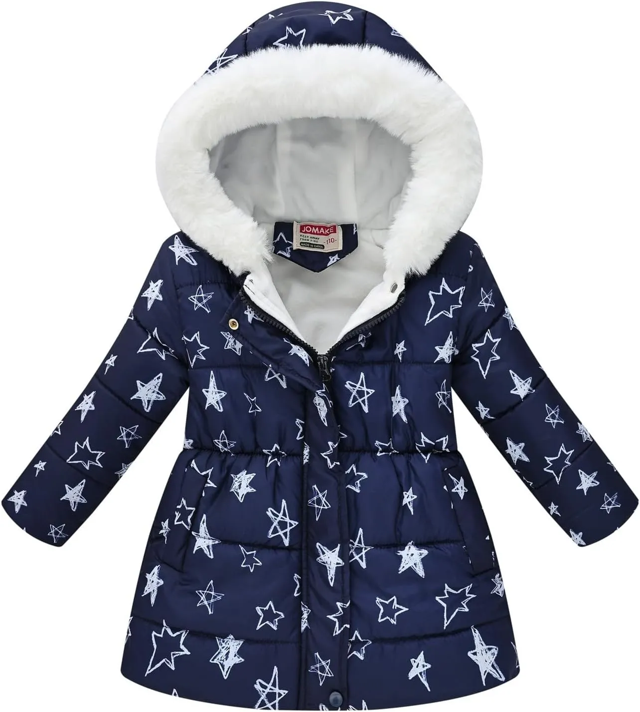Girls Winter Hooded Coat Water-proof Fashion Fleece Warm Fr Collar Zip Up Mid Length Winter Coats for Kids