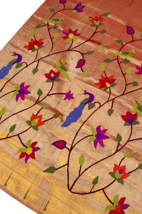 Handloom Pure Silk Brocade Paithani Blouse Fabric - Golden  (1 Mtr)