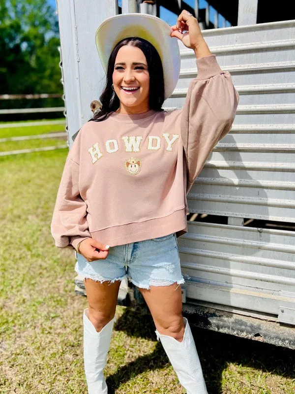 Howdy Cowboy Happy Chenille Cropped Sweatshirt