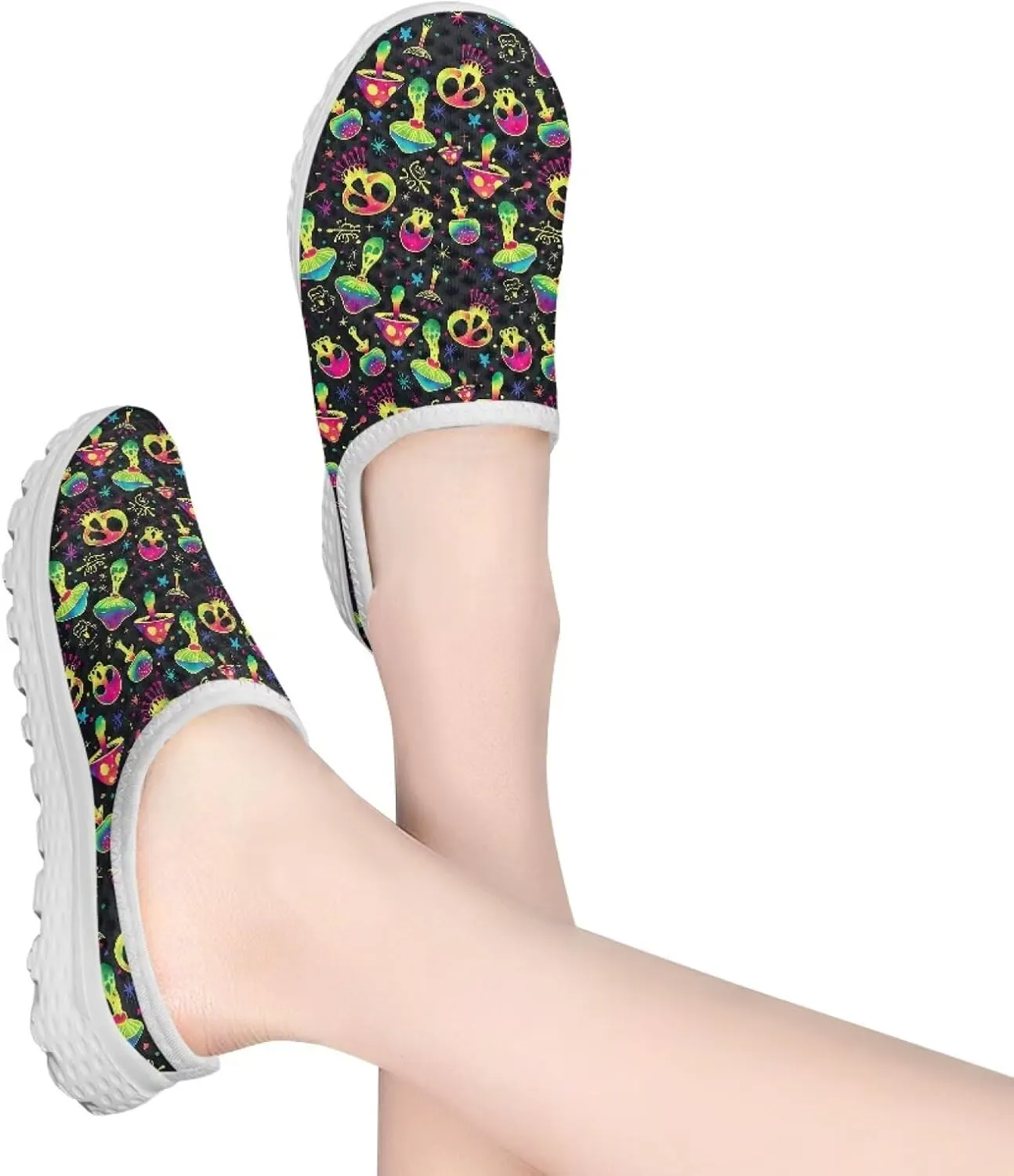 Howilath Gothic Skull Mule Shoes for Women Arch Support Garden Shoes Breathable Loafers Mesh Running Sneaker