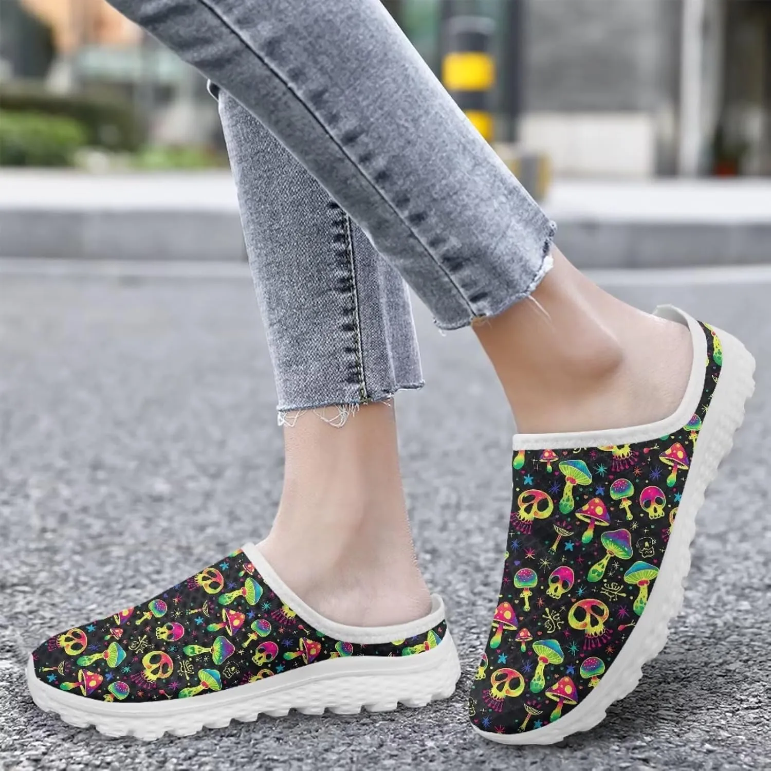 Howilath Gothic Skull Mule Shoes for Women Arch Support Garden Shoes Breathable Loafers Mesh Running Sneaker