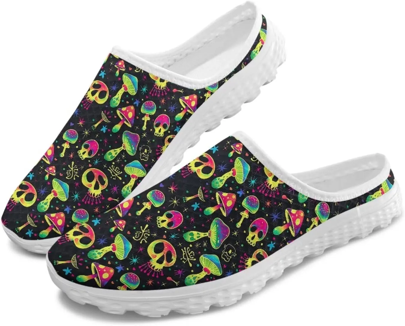 Howilath Gothic Skull Mule Shoes for Women Arch Support Garden Shoes Breathable Loafers Mesh Running Sneaker