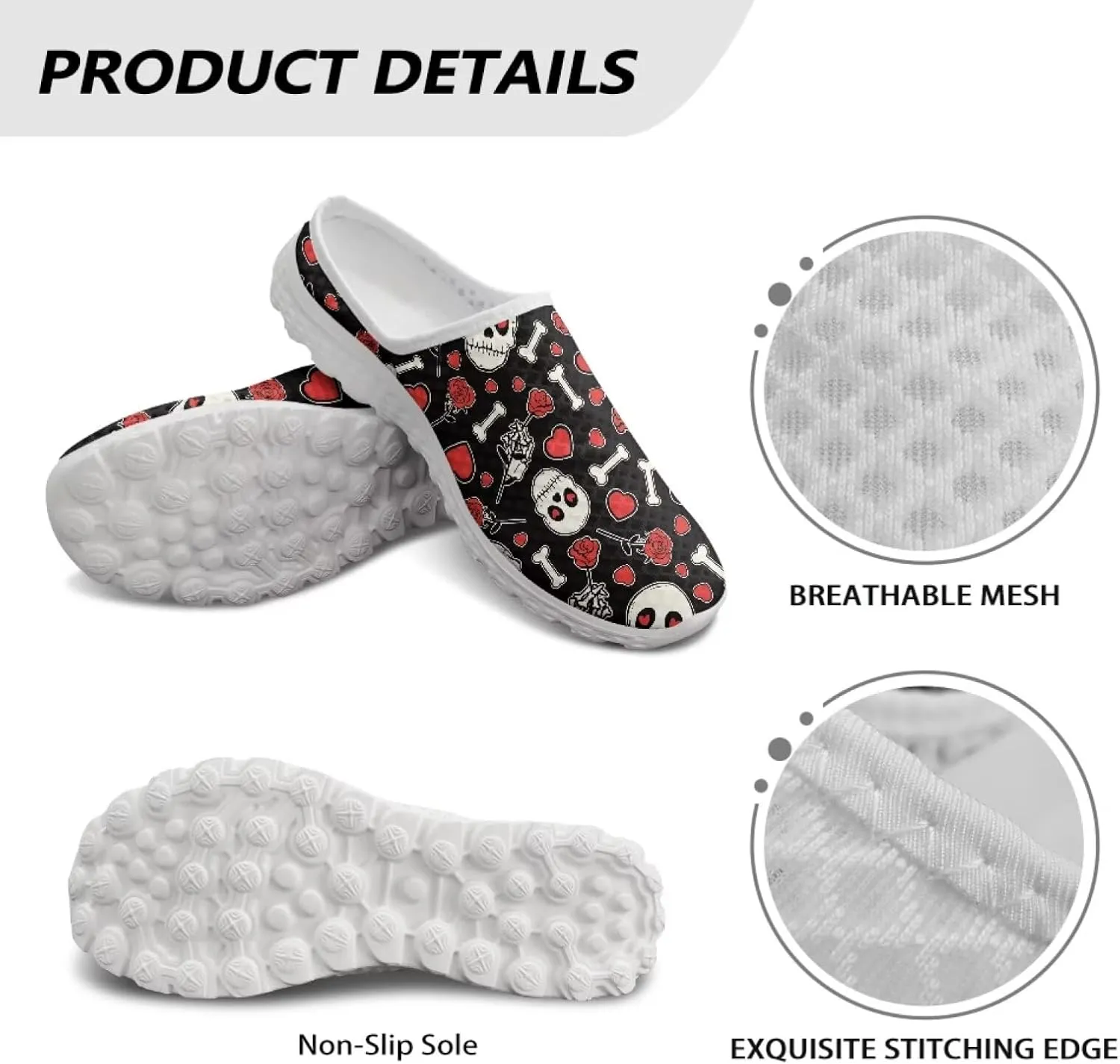 Howilath Gothic Skull Mule Shoes for Women Arch Support Garden Shoes Breathable Loafers Mesh Running Sneaker