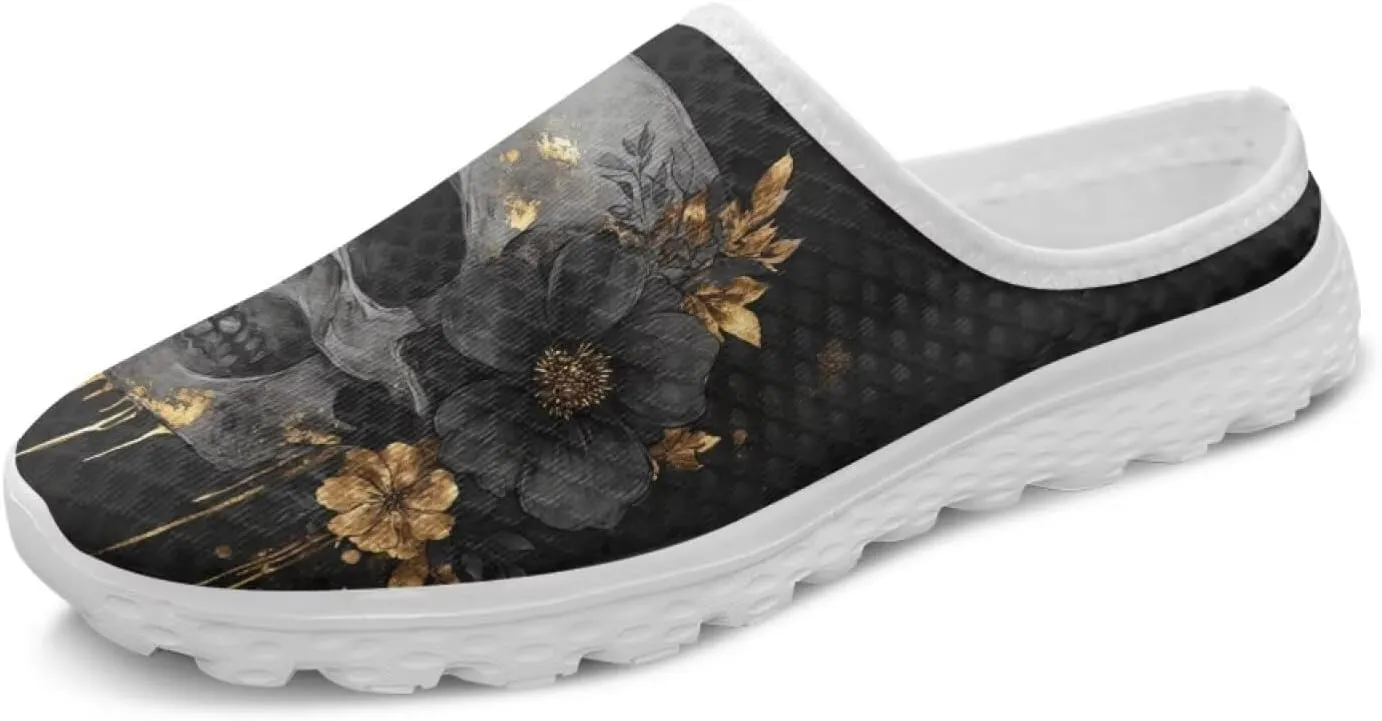 Howilath Gothic Skull Mule Shoes for Women Arch Support Garden Shoes Breathable Loafers Mesh Running Sneaker