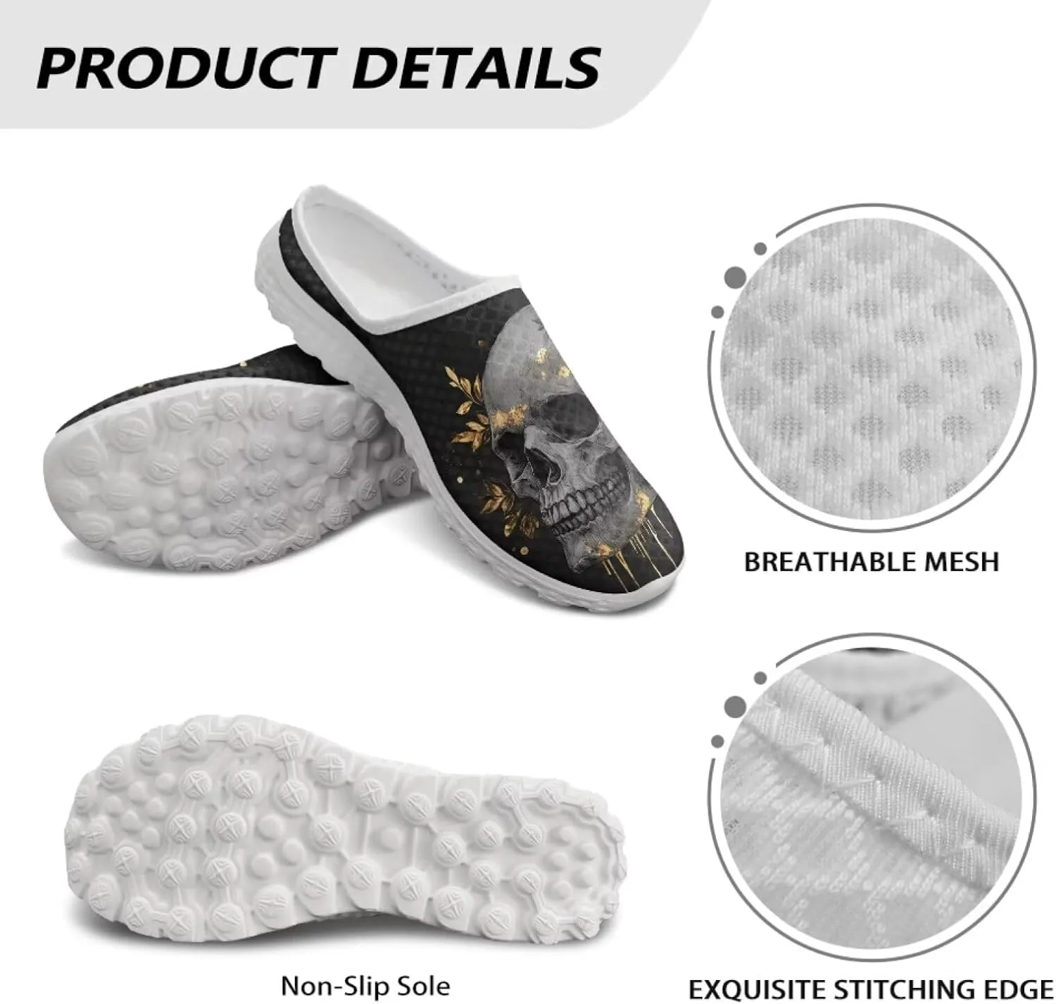 Howilath Gothic Skull Mule Shoes for Women Arch Support Garden Shoes Breathable Loafers Mesh Running Sneaker