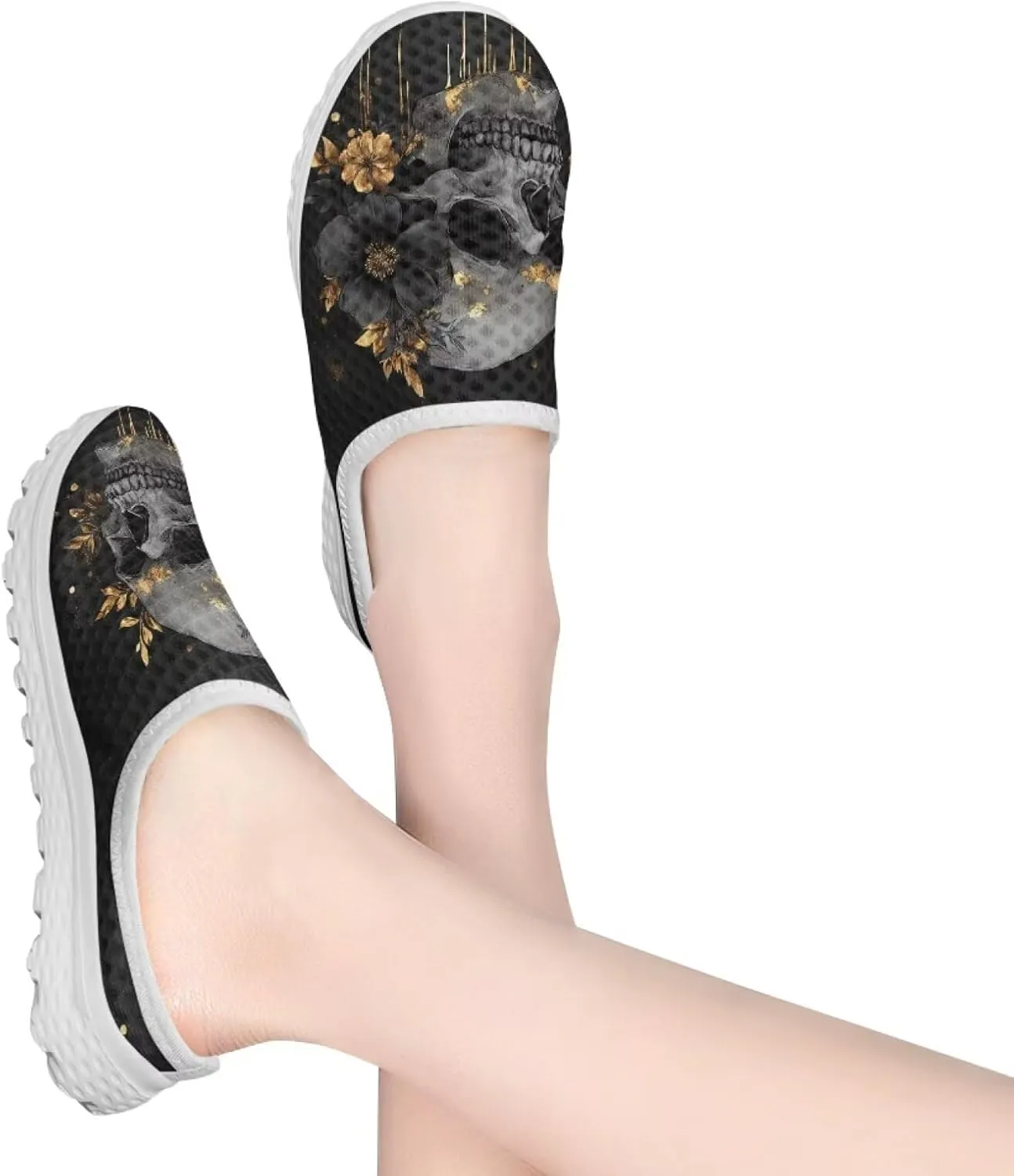 Howilath Gothic Skull Mule Shoes for Women Arch Support Garden Shoes Breathable Loafers Mesh Running Sneaker