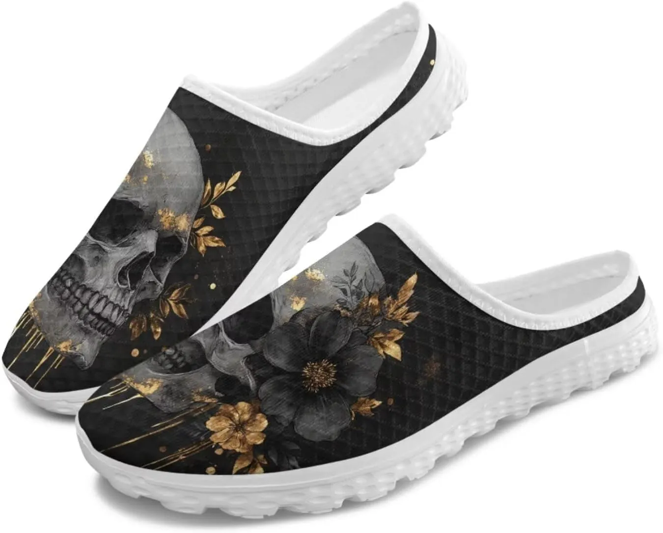 Howilath Gothic Skull Mule Shoes for Women Arch Support Garden Shoes Breathable Loafers Mesh Running Sneaker