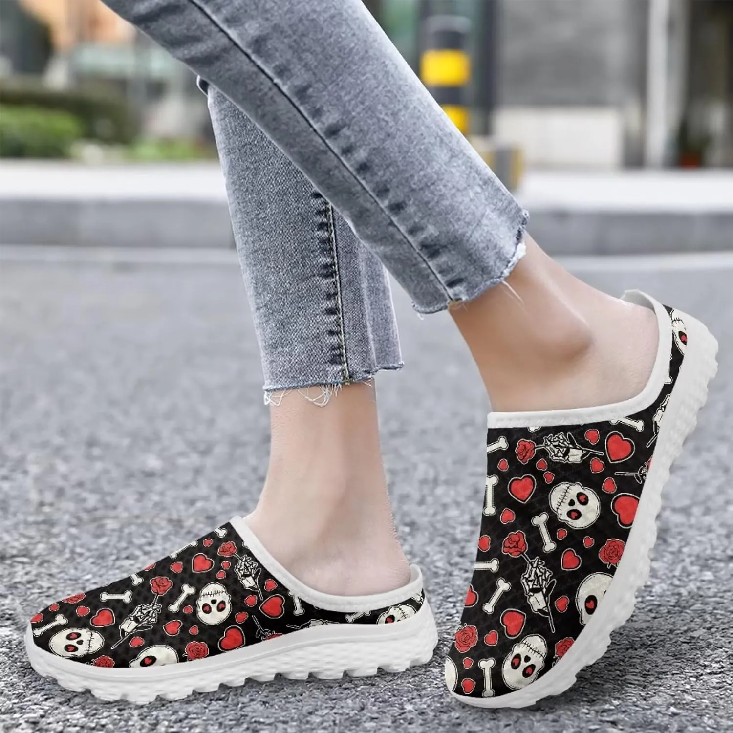 Howilath Gothic Skull Mule Shoes for Women Arch Support Garden Shoes Breathable Loafers Mesh Running Sneaker
