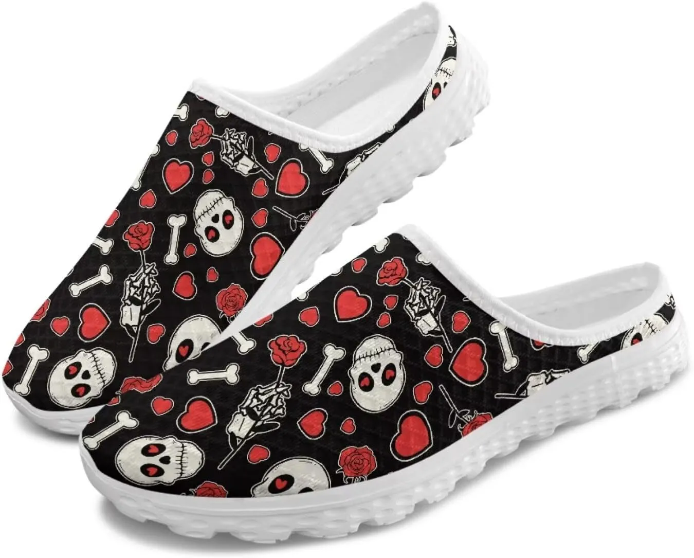 Howilath Gothic Skull Mule Shoes for Women Arch Support Garden Shoes Breathable Loafers Mesh Running Sneaker