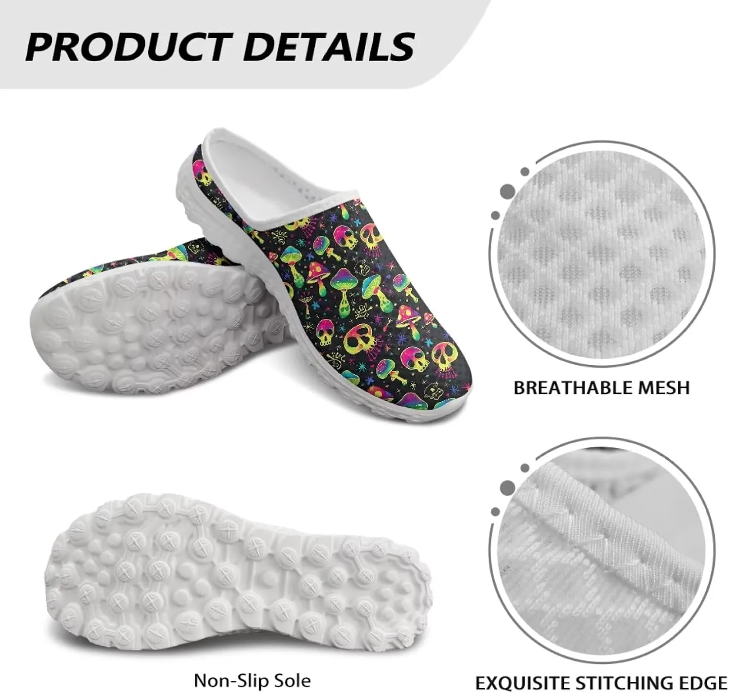 Howilath Gothic Skull Mule Shoes for Women Arch Support Garden Shoes Breathable Loafers Mesh Running Sneaker